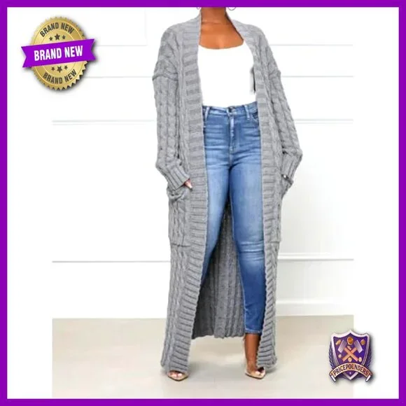 Chunky Cable Knit Cardigan with Pockets, Loose Fit, Ankle Length - Picture 3 of 6